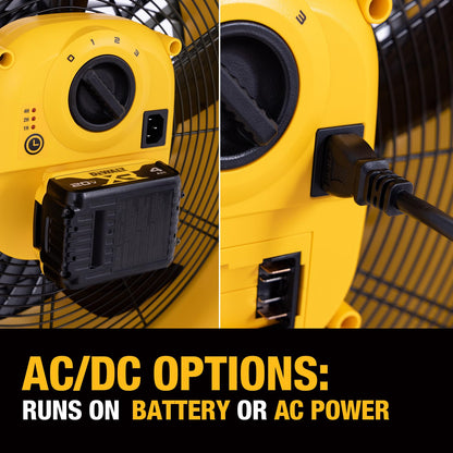 DEWALT Industrial High-Velocity Floor Fan with Battery & Charger, AC/DC Dual Power Supply, 270° Adjustable Tilt Design 3-Speed 4000 CFM 6 ft Cord 18-Inch Barrel Fan, DXF1850A