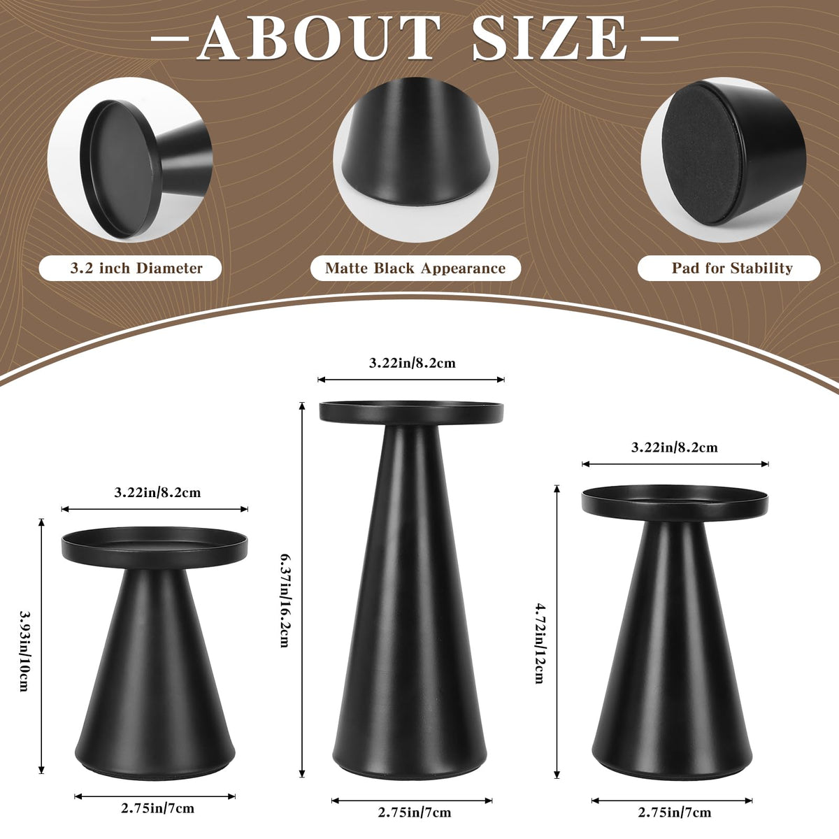 Black Iron Plate Candle Holder Set of 3-4 & 4.7 & 6.4 Inch Tall, Decorative Iron Pillar Candle Plate, Elegant Candle Stand for LED & Wax Candles, Incense Cones, Spa, Weddings (Candles Not Including)