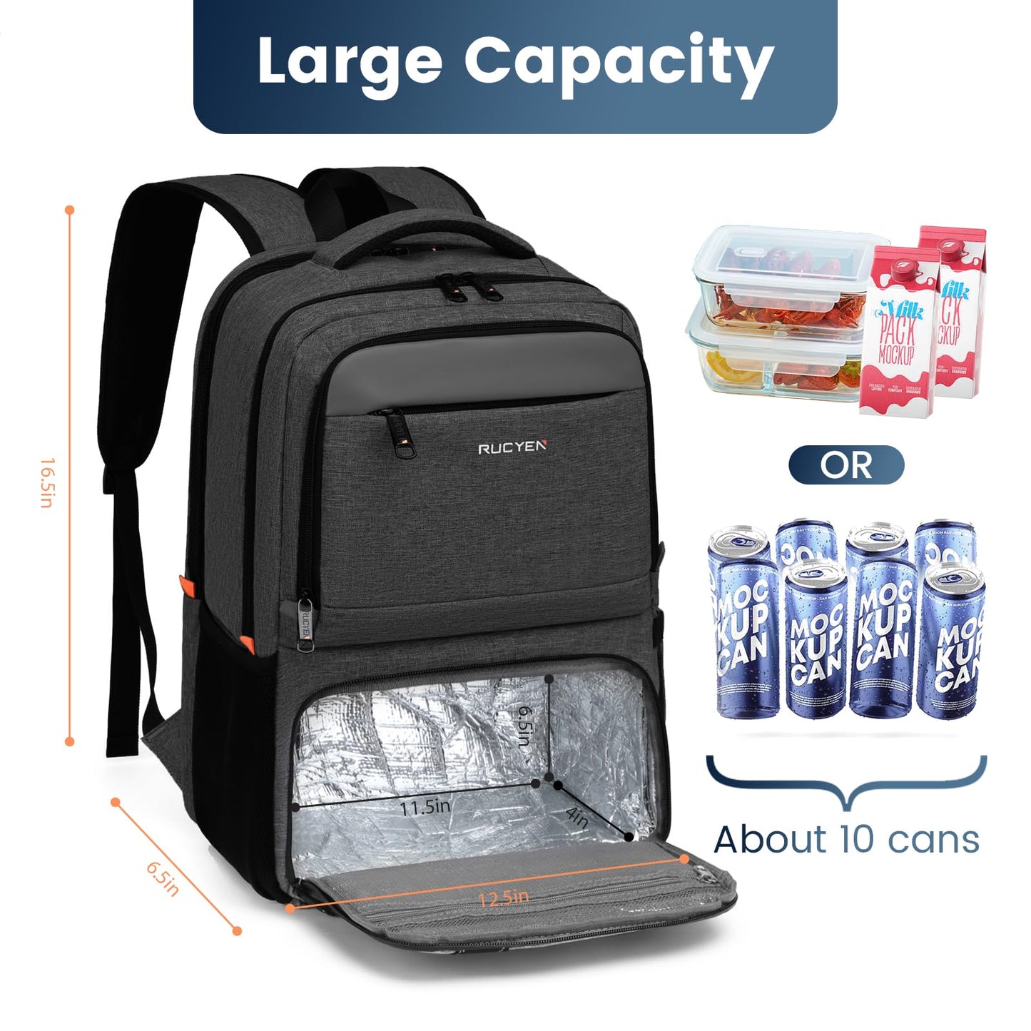 RUCYEN Lunch Backpack, Insulated Cooler Backpack Lunch Box for Men Women, 15.6 Inches RFID Blocking Laptop Backpack with USB Port Lunch Bag for Work Travel Black