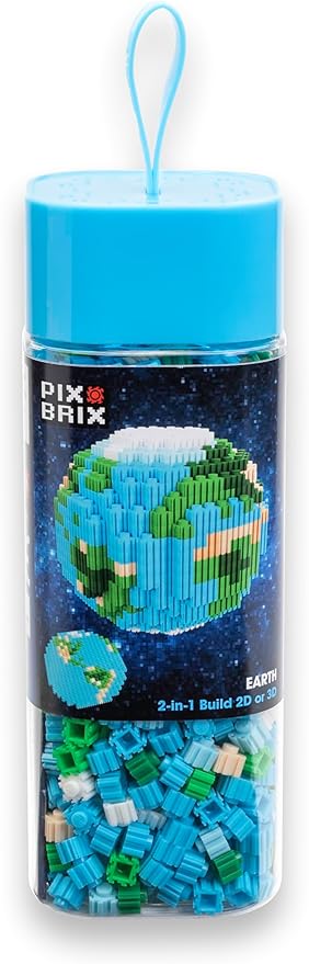 Pix Brix Space Bottle – Earth Set | 973-Piece 2D &amp 3D Earth Building Kit for Kids 8+ | Reusable Storage Bottle Keychain Clip Pixel Art Blocks | STEM Toy Compatible with Major Brick Brands