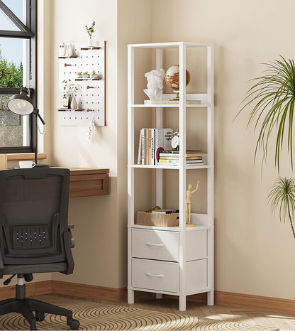 VIMBER Tall Bookshelf with Drawers, 6-Tier Bookcase for Books, Garage Kit, CDs, Movies, Modern Standing Bookshelves Storage Organizer for Bedroom Office Living Room White USSJ002W