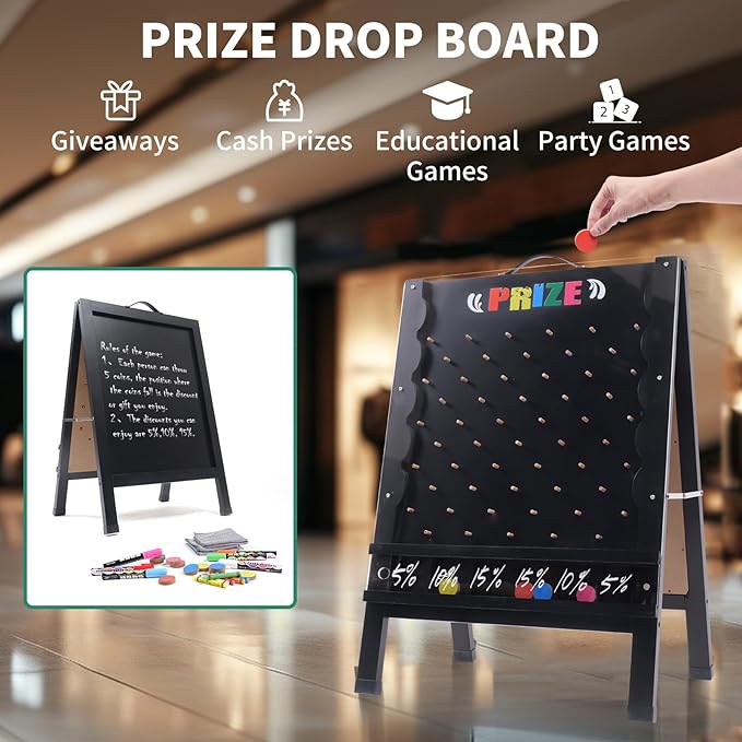 Prize Drop Game Board 21x30 Double-Sided Foldable Design with Wooden A-Frame Chalkboard Sign for Family Carnival Trade Show &amp Party - Includes 10 Coin Drop Discs and Chalk Set Portable Desig