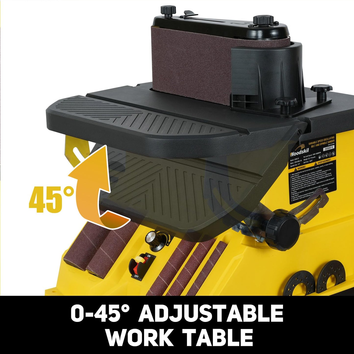 4A Variable Speed Oscillating Belt and Spindle Sander - 4x24" Belt, 5 Sanding Sleeves, 1000-1800RPM Adjustable Speed Control for Woodworking Projects - Efficient Dust Collection for Smooth Finishes