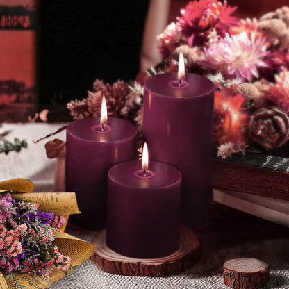 KONNI Purple Pillar Candles Set of 3, 3"x 4" Unscented Pillar Candles Bulk, 39 Hours Long Burning Candles, Smokeless&Dripless Large Round Candle for Wedding, Home Decoration, Parties, Spas, Dinner