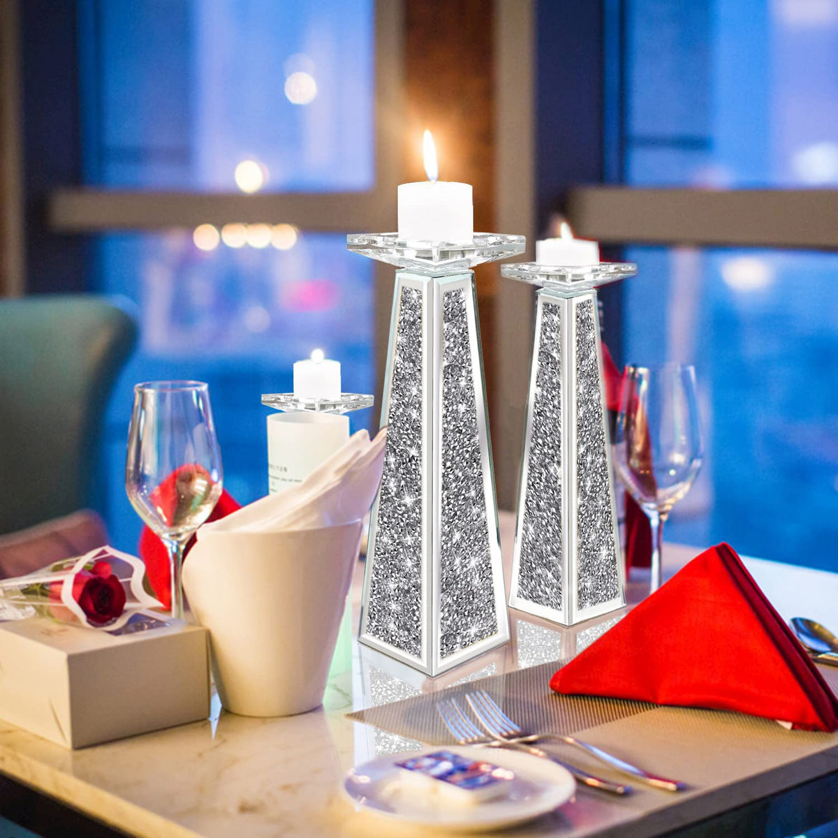 Wocred 2 Piece Candlestick Holders for Holding Pillar Candles, Crystal Crushed Diamond Candle Holders Set Decor for Dinning Room, Silver Glass Votive Candle Holders for Table Centerpiece(12”)
