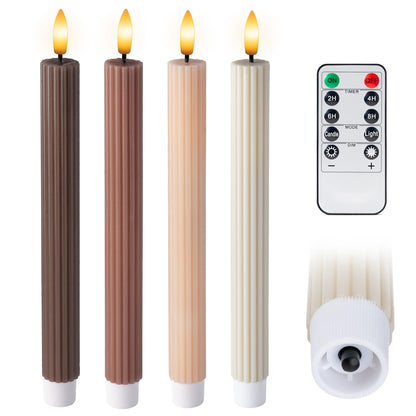 WYZworks Coordinated Chocolatey Mocha Brown 4 Pack, 10" Real Wax LED Flameless Fluted Ribbed Grooved Taper Candles, Remote & Timer Memory, On/Off Button, Dimmable, Battery Operated, Menorah Wedding