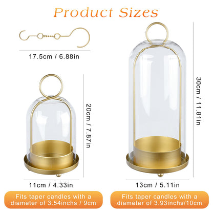 Fohil 5" & 4" Hurricane Glass Candle Holders, Set of 2 Metal Candle Holder with Handmade Sturdy Glass Dome, Candle Lantern for Pillar Candles, Plants, Table Centerpiece, Home Decor