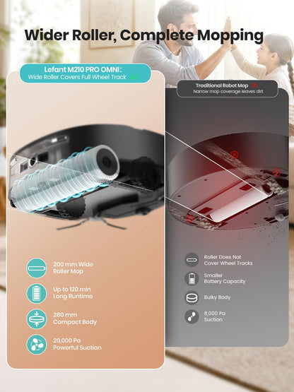 Lefant Robot Vacuum and Mop, 20000Pa Strong Suction, Self-Cleaning Roller Mop with Auto Drying, LiDAR Navigation & Obstacle Avoidance, Tangle-Free Pet Hair, Slim, 800ml Dustbin, 5G WiFi, M210 Pro OMNI