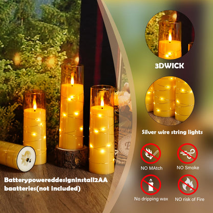 Sasigeiaa Flameless Candles with Embedded Star String - Battery Operated LED Candles, with Remote,12 Gold Flickering Candles for Christmas, Weddings, Home Decor & Party,(D 2.3"×H 5" 6" 7")