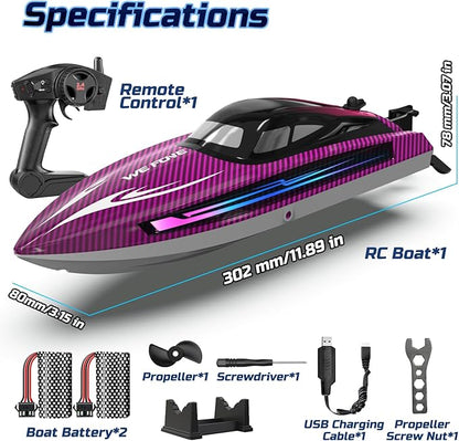 Remote Control Boat for Adults 25+ KMH Fast RC Speed Boat with LED Light for Kids Self-righting Demo WF17 Ideal Pools and Lakes Toys 2 Rechargeable Batteries for 30-40 Mins Purple