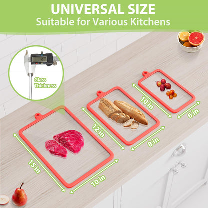 Freshmage 2Pcs Tempered Glass Cutting Boards for Kitchen, Glass Cutting Board Set (10"x6" & 12"x8") with Non-Slip Silicone Edges and Hanging Hole, Clear Cutting Board for Countertop & Everyday Prep