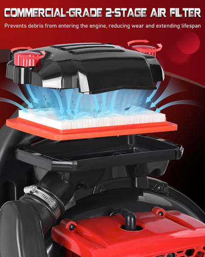 Thalorus 63CC Gas Backpack Leaf Blower, 2-Stroke, 665 CFM, 205 MPH, Variable Speed & Cruise Control, Ergonomic Harness, Reduced Emissions, for Fast Yard Cleanup (Red)
