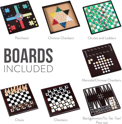 Board Game Set - Deluxe 15 in 1 Tabletop Wood-accented Game Center with Storage Drawer (Checkers Chess Chinese Checkers Parcheesi TicTacToe SOlitaire Snakes and Ladders Mancala Backgammon Pok