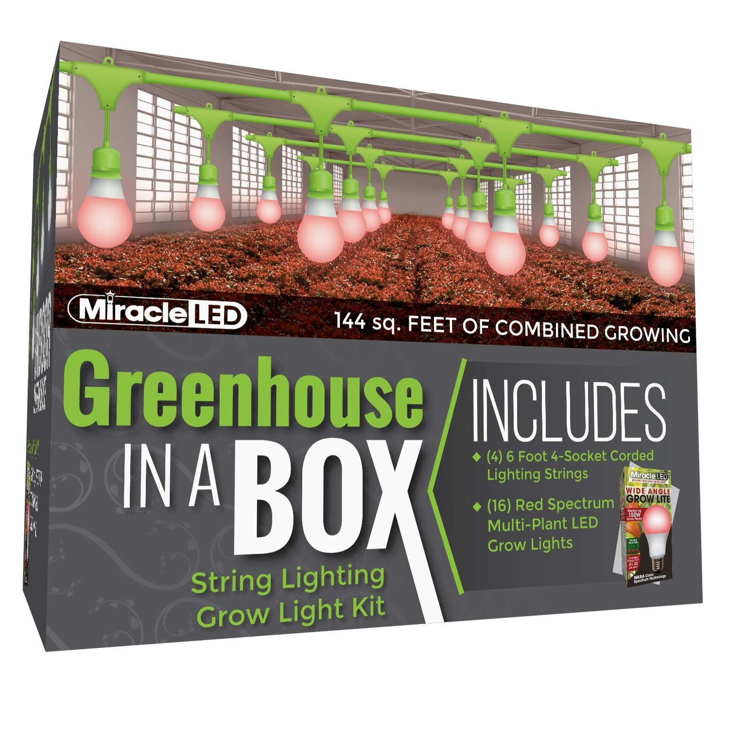 Miracle LED Greenhouse in a Box Grow Kit for Indoor Plants - Includes 4 Red Spectrum Flowering Multi-Plant Wide Beam Grow Light Bulbs & One 4-Socket Corded Light Fixture (4-Pack - 4 Strings, 16 Bulb)