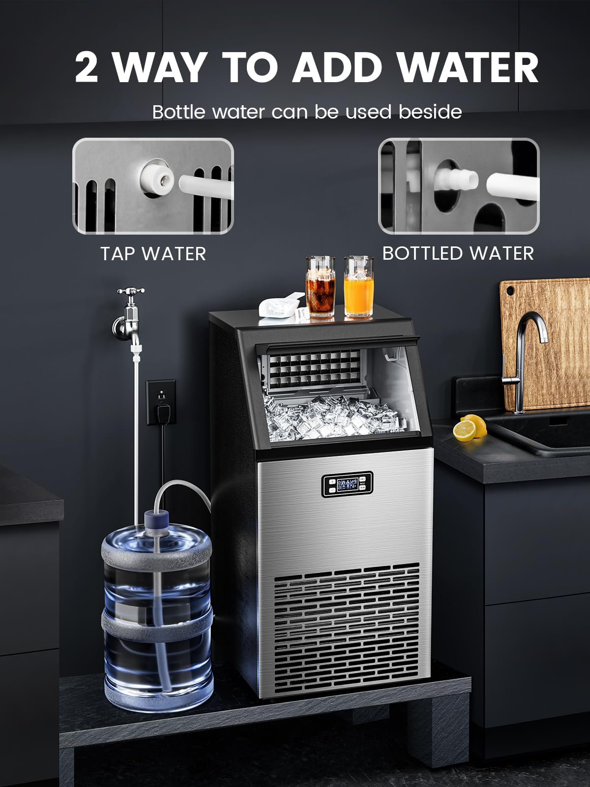 Electactic Commercial Ice Maker Machine,100lbs/24H Stainless Steel Ice Machine,33lbs Storage, Auto Self-Cleaning Freestanding Ice Maker, Ice Machine Freestanding for Bar/Cafe/Restaurant-Dark Silver