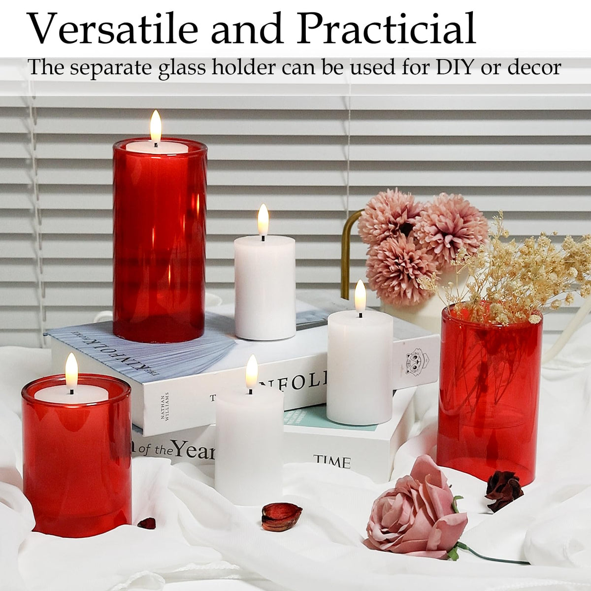 NURADA Flameless Candles with Remote Timer - Glass Real Wax 3D Wick LED Pillar Votive Candle Set Battery Operated Flickering Light for Christmas Home Wedding Party Decoration -Red 3 Pack