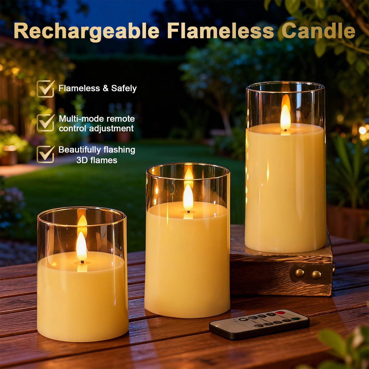 Eynshoo Gold Flameless LED Candles with Remote & Timer, 3-Piece Flickering Pillar Candle Set, Realistic Flame Effect, Adjustable Brightness, Battery Operated Candles for Home Decor, Wedding & Holiday