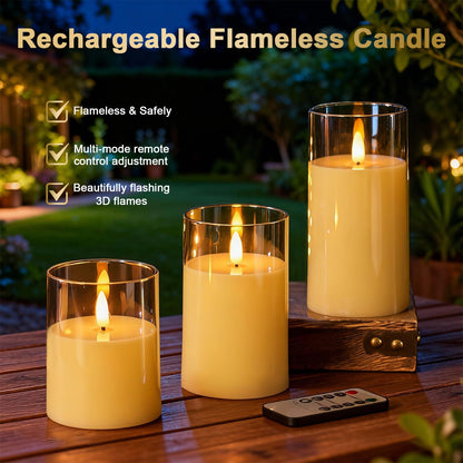 Eynshoo Gold Flameless LED Candles with Remote & Timer, 3-Piece Flickering Pillar Candle Set, Realistic Flame Effect, Adjustable Brightness, Battery Operated Candles for Home Decor, Wedding & Holiday