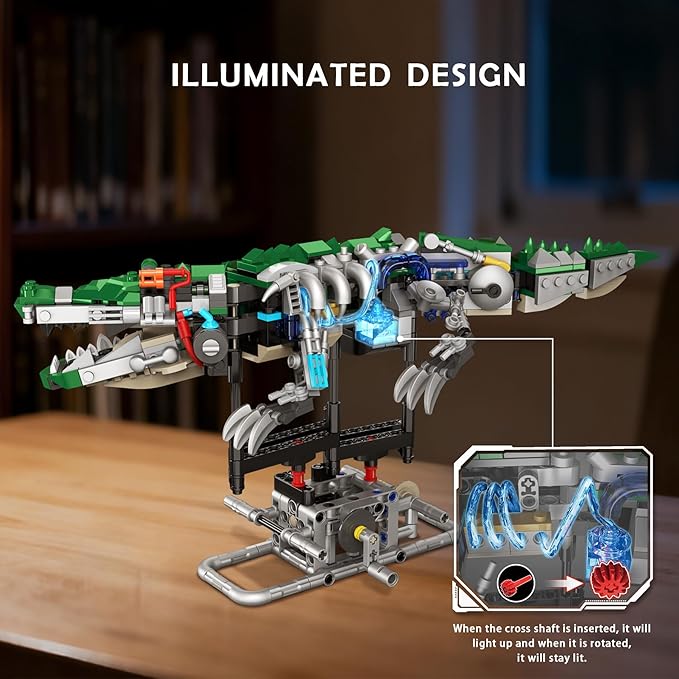 Kinetic Mechanical Crocodile Building Kit - Light-Up Interactive Animal Model with Hand-Crank Moving Jaw Claws &amp Tail - STEM Construction Toy for Kids &amp Adults