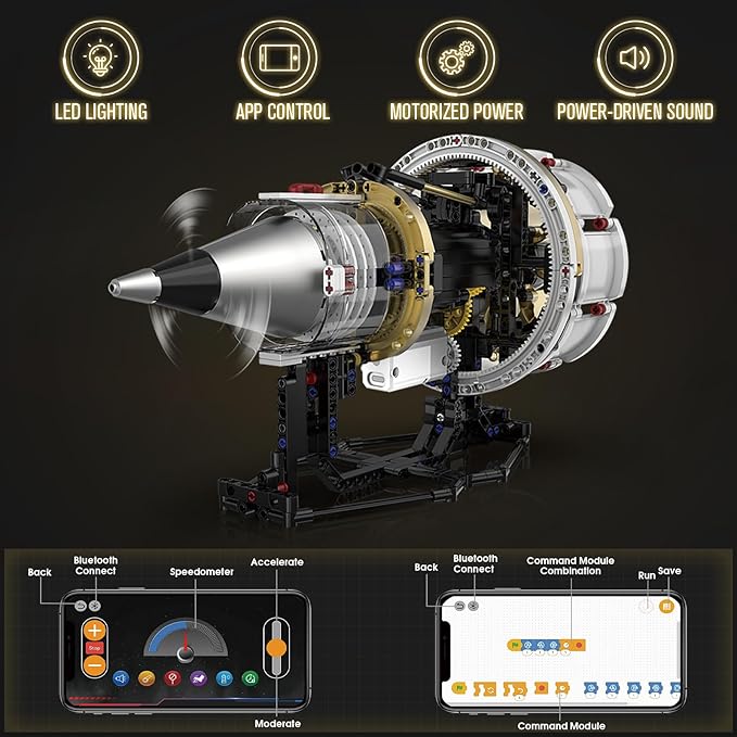 HIGH GODO Jet Engine Building Set Mini Engine Model Kit that Runs Visible Aircraft Turbofan Engine Kit with Motor Lights &amp App Control STEM Toys Gifts for Adults Teens Age 14+ (564 PCS)
