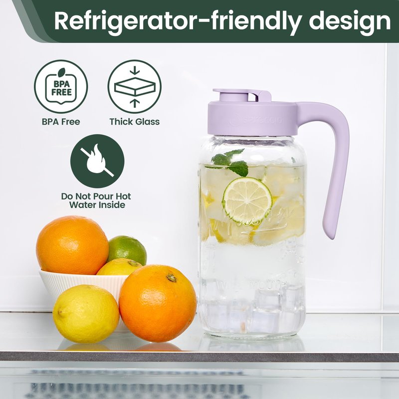 Spreccio Mason Jar Pitcher - Airtight & Leakproof Glass Pitcher with Lid[set of 2], Perfect for Breastmilk, Cold Brew, and Sun Tea, 2 Quart (64 oz) Mason Jar with Pour Spout Lid