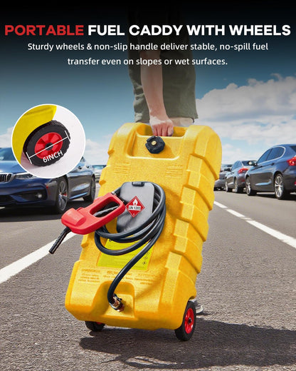 Garvee Heavy Duty 15 Gallon Gas Can Yellow, Fuel Caddy with Manual Fuel Transfer Pump, Portable Fuel Tank on Wheels with 10 ft Hose for Lawn Mowers, Cars, Boats, UTVs, Home and Farm Use