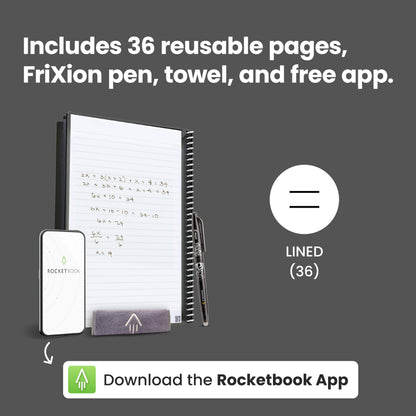 Rocketbook Core Reusable Spiral Notebook, Executive Size 6x8.8, Black - Lined Pages, App-Connected, Erasable, Durable Cover, Ideal for School, Work, and Creative Projects