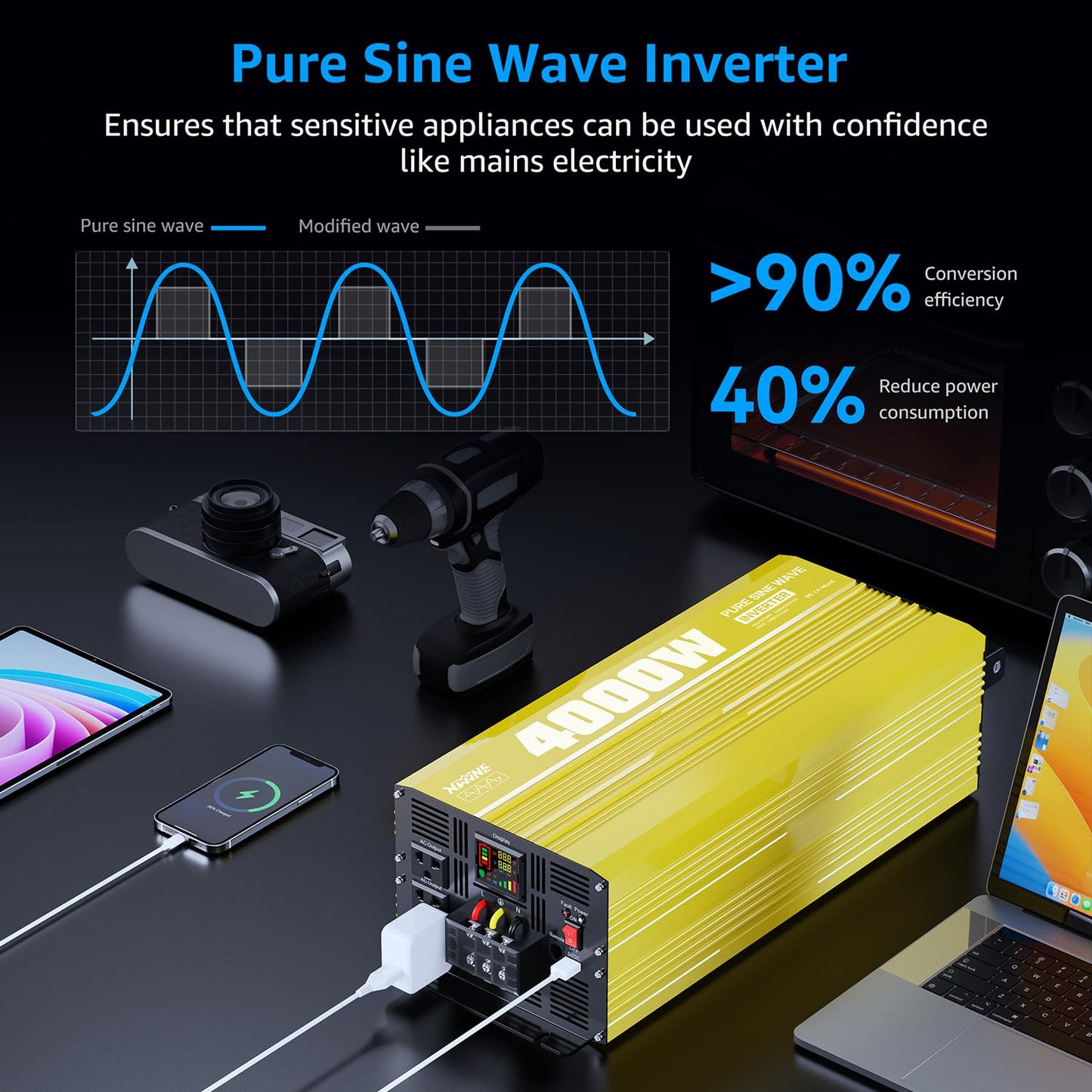 XWJNE 4000W Pure Sine Wave Power Inverter 48V DC to 120V AC Converter with LED Display and Remote Controller for Home, RV, Truck, Off-Grid Solar Power
