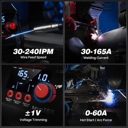 ARCCAPTAIN 165A MIG Welder 110V/220V [Large LED Display] 4 in 1 Gasless/Gas MIG/Lift TIG/Stick Welding Machine Multiprocess Welder Machine, IGBT Inverter Welder with Synergy, 2T/4T