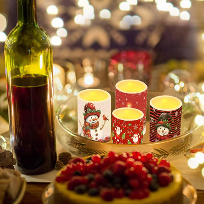 NEITLGEN Christmas Theme Flameless Candles with Timer Remote, Flickering Battery Operated LED Pillar Candles Set of 4 Holiday Decoration