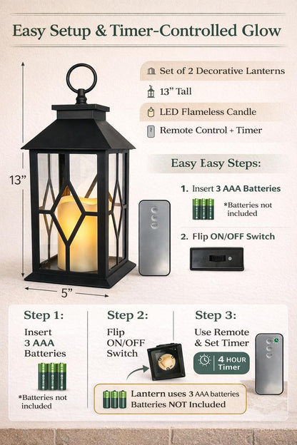 Decorative Black Lanterns Set of 2 with LED Flameless Candles, Remote & 4 Hour Timer, Indoor Outdoor Lantern Decor, Hanging or Tabletop Lighting, 13 Inch Tall