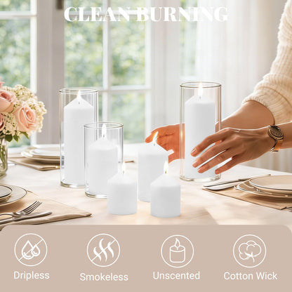 HTTBEIZI Pillar Candles Bulk Set - Unscented, Smokeless, Dripless | 3 Sizes: 2x3, 2x4, 2x6 Inches | Ideal for Weddings, Christmas & Home Decor (18, White)