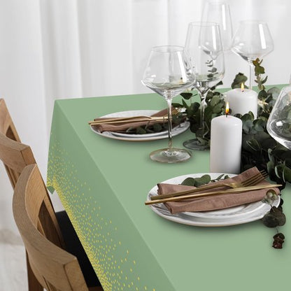 FunnyPars 1 Pack Sage Green and Gold Plastic Tablecloth, Green Disposable Table Cloth for Rectangle Tables, Gold Dot Light Green Tablecloth for Baby Shower Birthday Wedding Party Decorations, 54"x108"