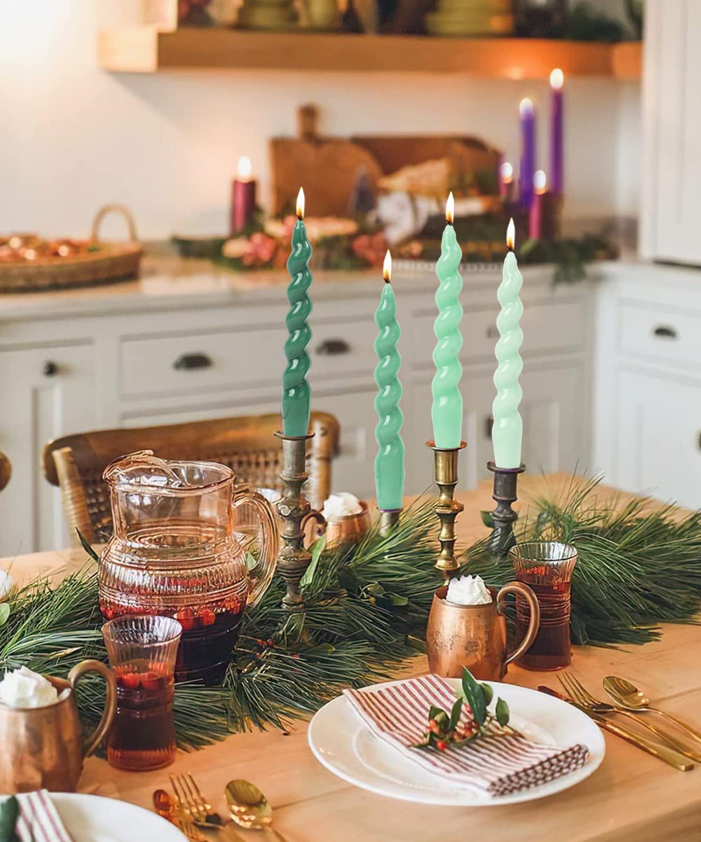 LPUSA Green Spiral Taper Candle Sticks for Holiday Wedding Party Wax Unscented Dinner Candle Dripless,Birthday Gift Christmas Gift H 7.5 Inch, 4pcs（Gradient Green）