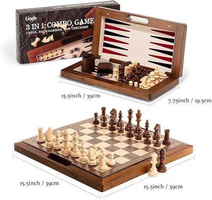 15.5'' Deluxe Solid Wood 3-in-1 Chess Set: Portable Chess Backgammon and Checkers with Hollow Handle Box Folding Board for Travel Suitable for Adults