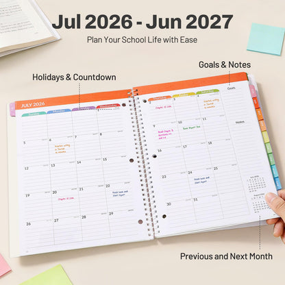 Student Planner 2026-2027, SUNEE Academic Weekly & Monthly Plan Book, Jul. 2026 - Jun. 2027, 8.5"×11" School Planner, Lesson Plan Book with Week's Goals, Bookmark, Monthly Tabs, 3-Hole Punched, Black