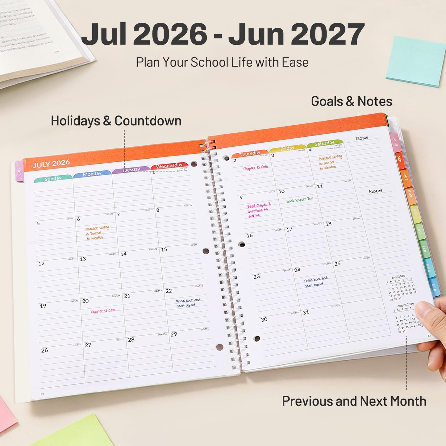 Student Planner 2026-2027, SUNEE Academic Weekly & Monthly School Planner, Jul. 2026 - Jun. 2027, 8.5"×11" School Lesson Plan Book with Week's Goals, Bookmark, Monthly Tabs, 3-Hole Punched, Sage Green