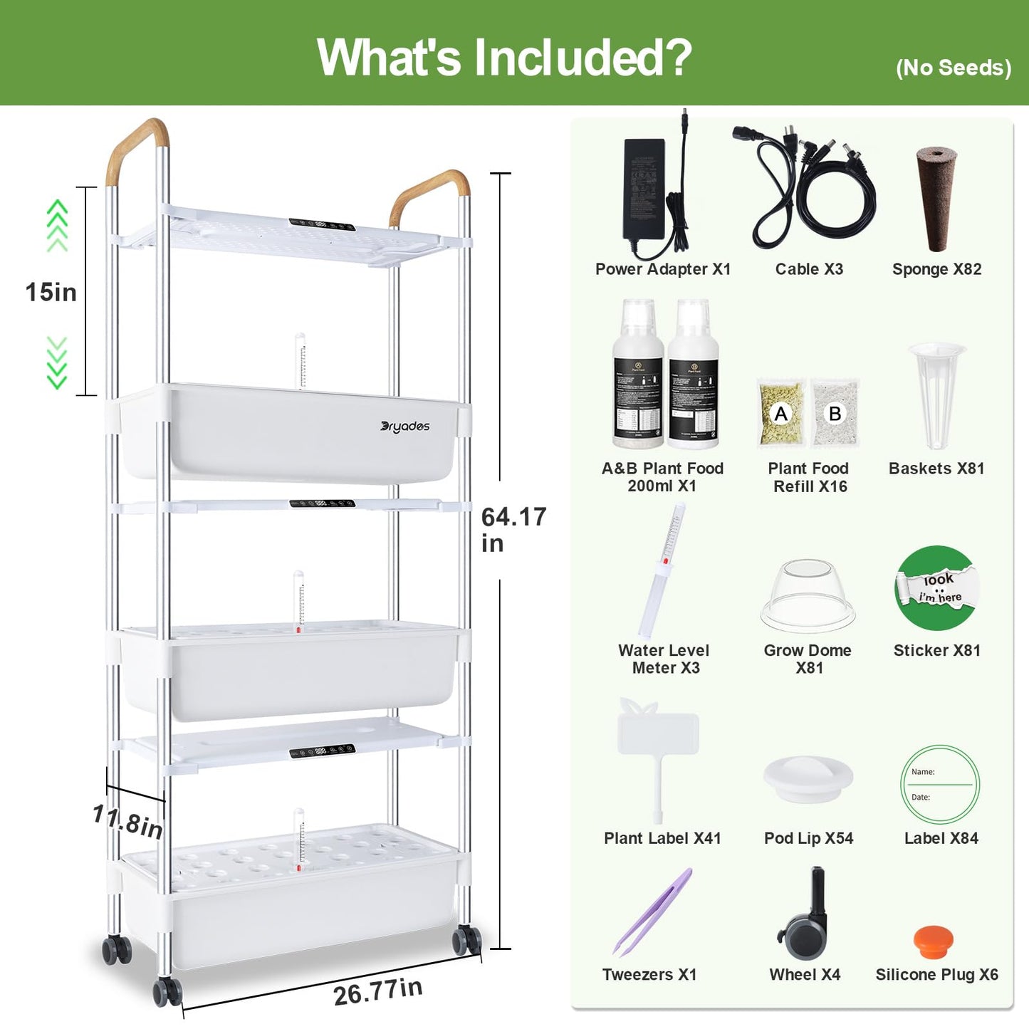 DRYADES Indoor Hydroponic Growing System with 81 Pods Herbs Garden Kit with 30W Led Grow Light Large Movable 3-Layer Floor-Standing Hydroponic Gardening System for Vegetable Fruit