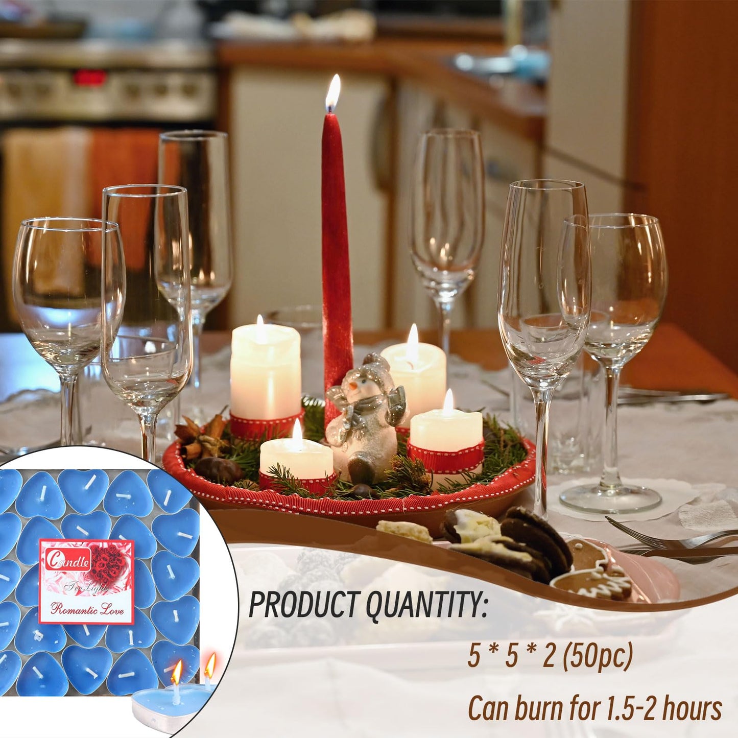 Heart Shaped Tealight Candles 50 Packs,25 * 2 Layers Romantic Love Unscented mokeless for Dinner Home Wedding (Blue)