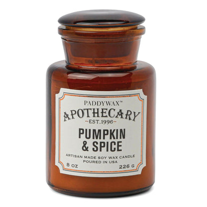 Paddywax Artisan Apothecary Scented Candle with Lid in Reusable Glass Jar, Clean-Burn Soy Candle with Approx. 54 Hour Burn Time, Pumpkin & Spice, 8 oz.