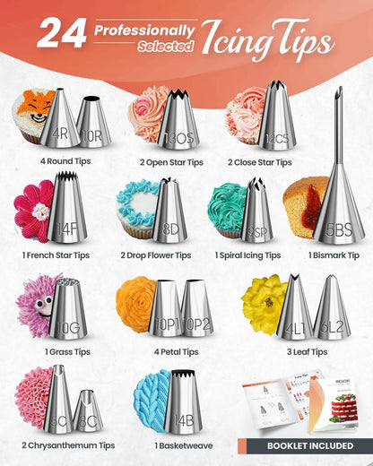 RFAQK 700PCs Cake Decorating Kit with Baking Supplies - Cake Turntable for Decorating with Baking Pans, Leveler, 24 Numbered Piping Tips, 2 Spatulas, Fondant Tools, Video Course, Pattern Chart & More