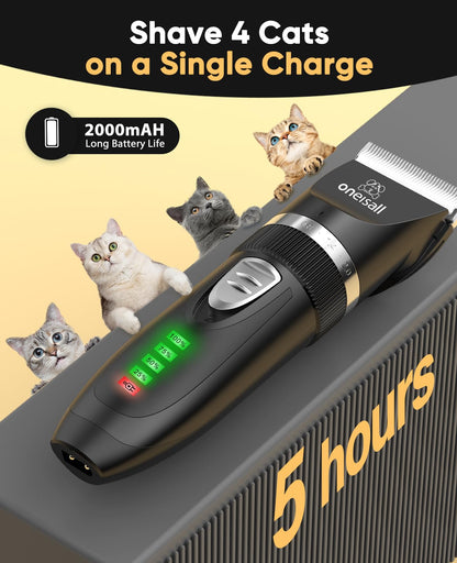 oneisall Quiet Cat Clippers for Matted & Long Hair, 2-Speed Cordless Pet Shaver Grooming Kit for Cats, Small Dogs & Animals (Black)