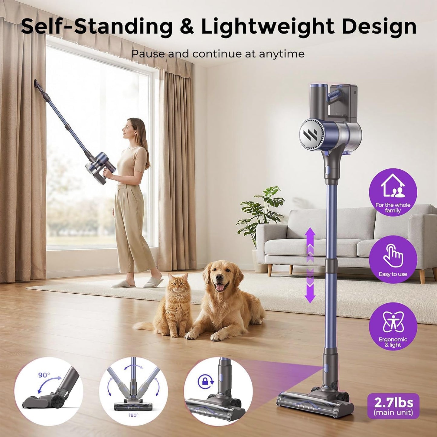 MBTTODF Cordless Vacuum Cleaner,Vacuum Cleaner for Home with Brushless Motor,Lightweight Stick Vacuum with Self-Standing and Touch Screen,Hardwood Floor Vacuum for Pet Hair,Carpets,Tile(Sky Blue)