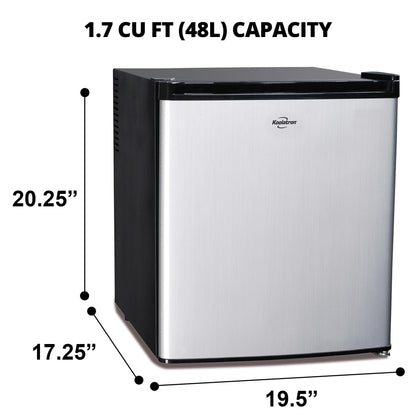 Koolatron Stainless Steel Compact Fridge with Freezer, 1.7 Cubic Feet (48 L) Capacity, Silver and Black, for Snacks, Frozen Meals, Beverages, Juice, Beer, Den, Dorm, Office, Games Room, or RV