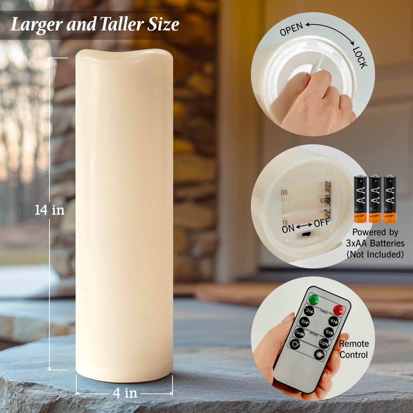 Yongmao 4" x 14" Large Waterproof Outdoor Flameless Candles Battery Operated LED Flickering Pillar Candles with Remote and Timer for Indoor Outdoor Lanterns, Off White, Long Lasting, Set of 2