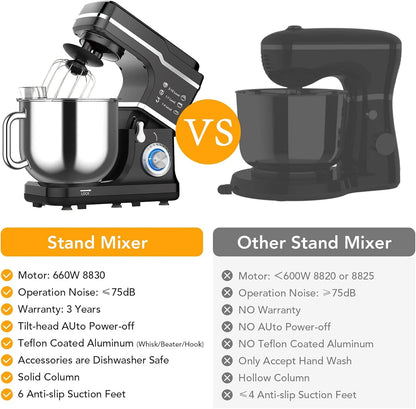 PeakPursuit 7.5QT Stand Mixer, 10-Speed Tilt-Head Electric Food Mixer with Stainless Steel Bowl, 660W Motor, Dough Hook, Whisk & Beater, Compact Design for Home Baking,Black