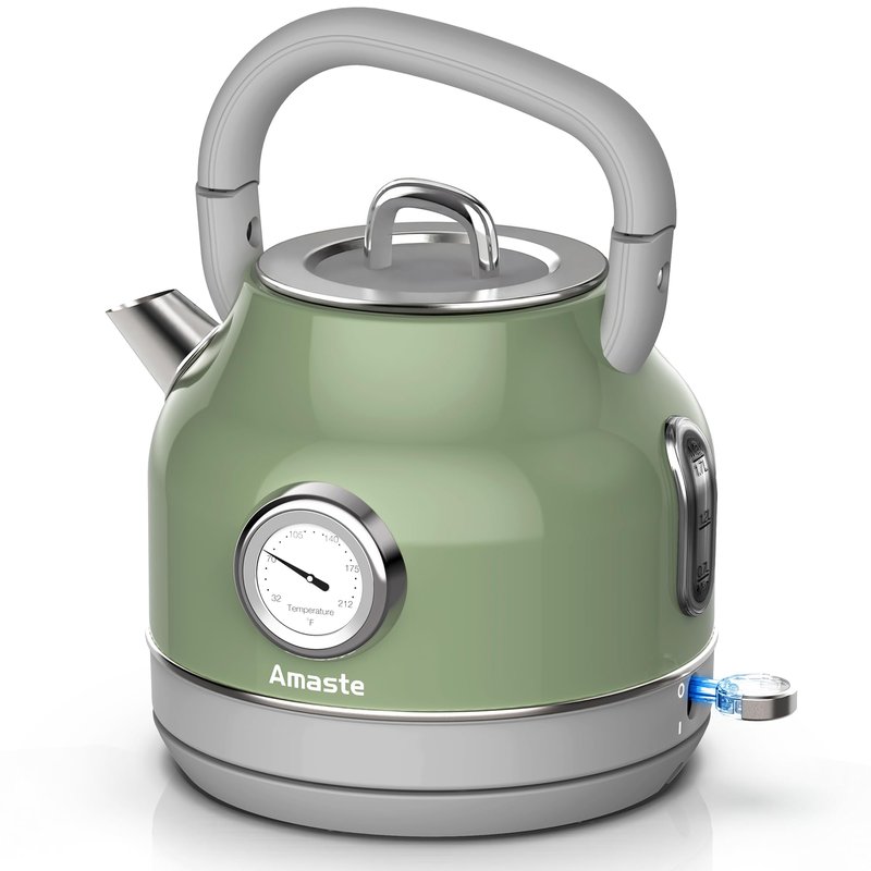 Amaste Electric Kettle, Retro Electric Tea Kettle with Thermometer, 57 Oz Hot Water Kettle for Coffee & Tea, 304 Stainless Steel, 1500W Fast Boiling, Auto Shut-Off & Boil Dry Protection, Matcha Green