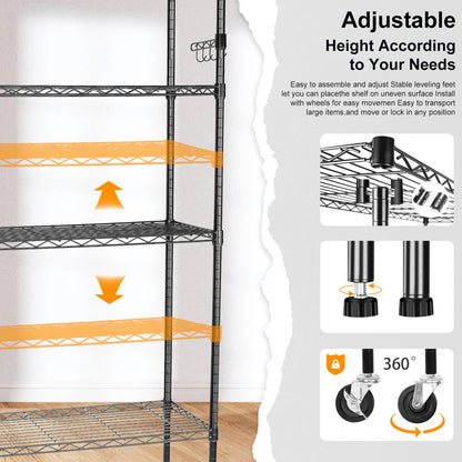 YNN Storage Shelves,2100Lbs 6 Tier Heavy Duty Metal Rolling Shelving Unit with Wheels & 8 Hooks, Adjustable Garage Wire Rack for Kitchen, Bathroom,Industrial,Pantry(36" W x 14" D x 72" H,Black)
