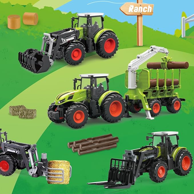 Remote Control Tractor Farm Playset 2.4Ghz Electronic RC Tractor with Trailer and Timber Truck Farm Toys Set with Wood Grabber Multifunctional headers Farmers for Kids Age 3 4 5 6 Years Old