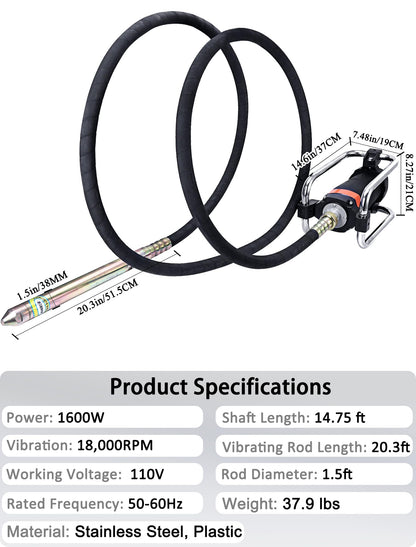 BIZOEPRO Concrete Vibrator, 1600W 2HP 18000RPM, 14-3/4ft Flexible Shaft, Electric Concrete Vibrating Tool, Hand Held Power Concrete Vibrators, Portable for Construction, Remove Air Bubbles Level Tool